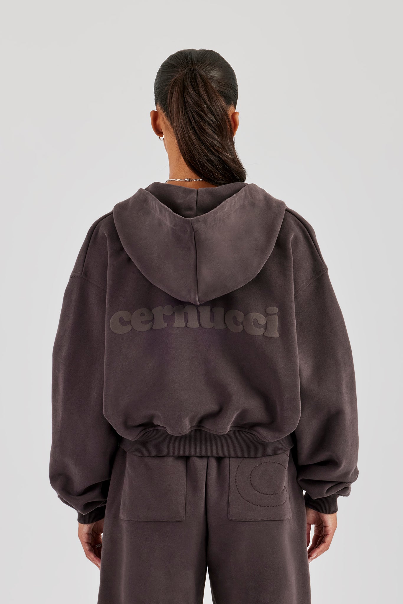 Cernucci Zip Through Cropped Hoodie - Coffee